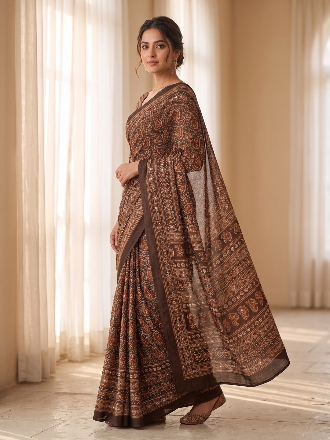 Peachmode Coffee Ajrakh Digital Printed Crepe Saree With Mirror Work - Image 2