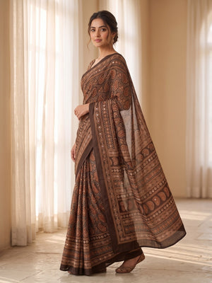 Peachmode Coffee Ajrakh Digital Printed Crepe Saree With Mirror Work - Image 2