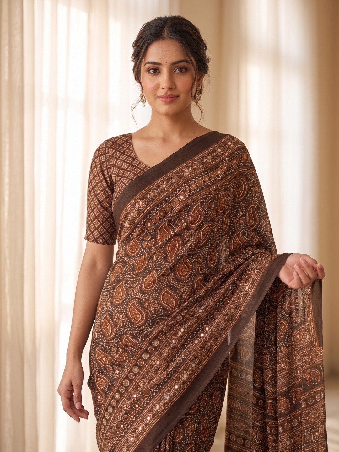 Peachmode Coffee Ajrakh Digital Printed Crepe Saree With Mirror Work - Image 3