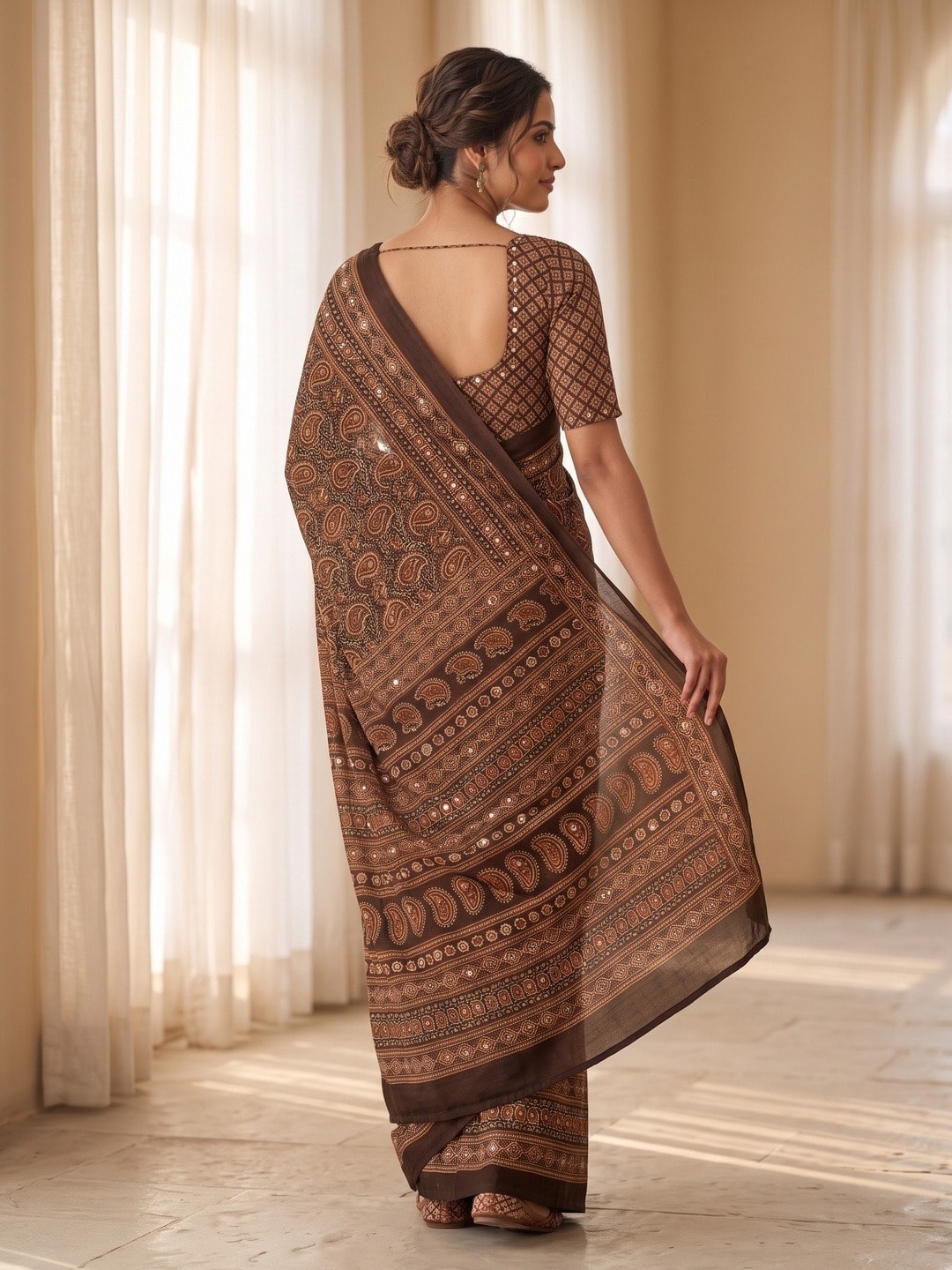 Peachmode Coffee Ajrakh Digital Printed Crepe Saree With Mirror Work - Image 4