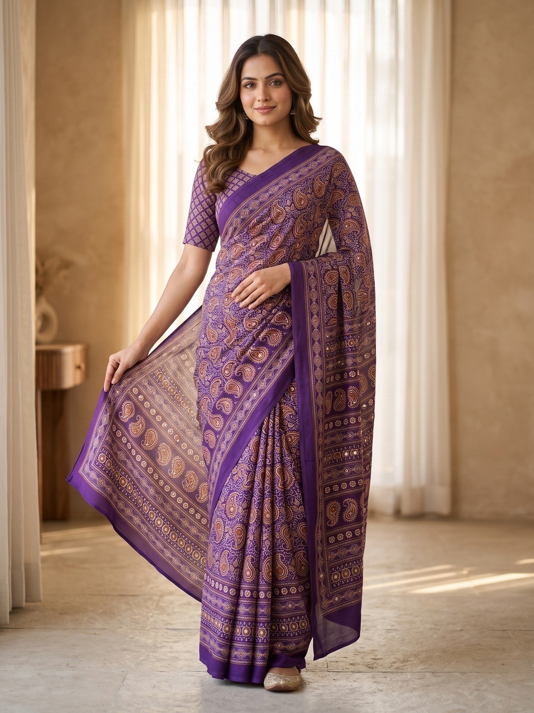Peachmode Purple Ajrakh Digital Printed Crepe Saree With Mirror Work - Image 1