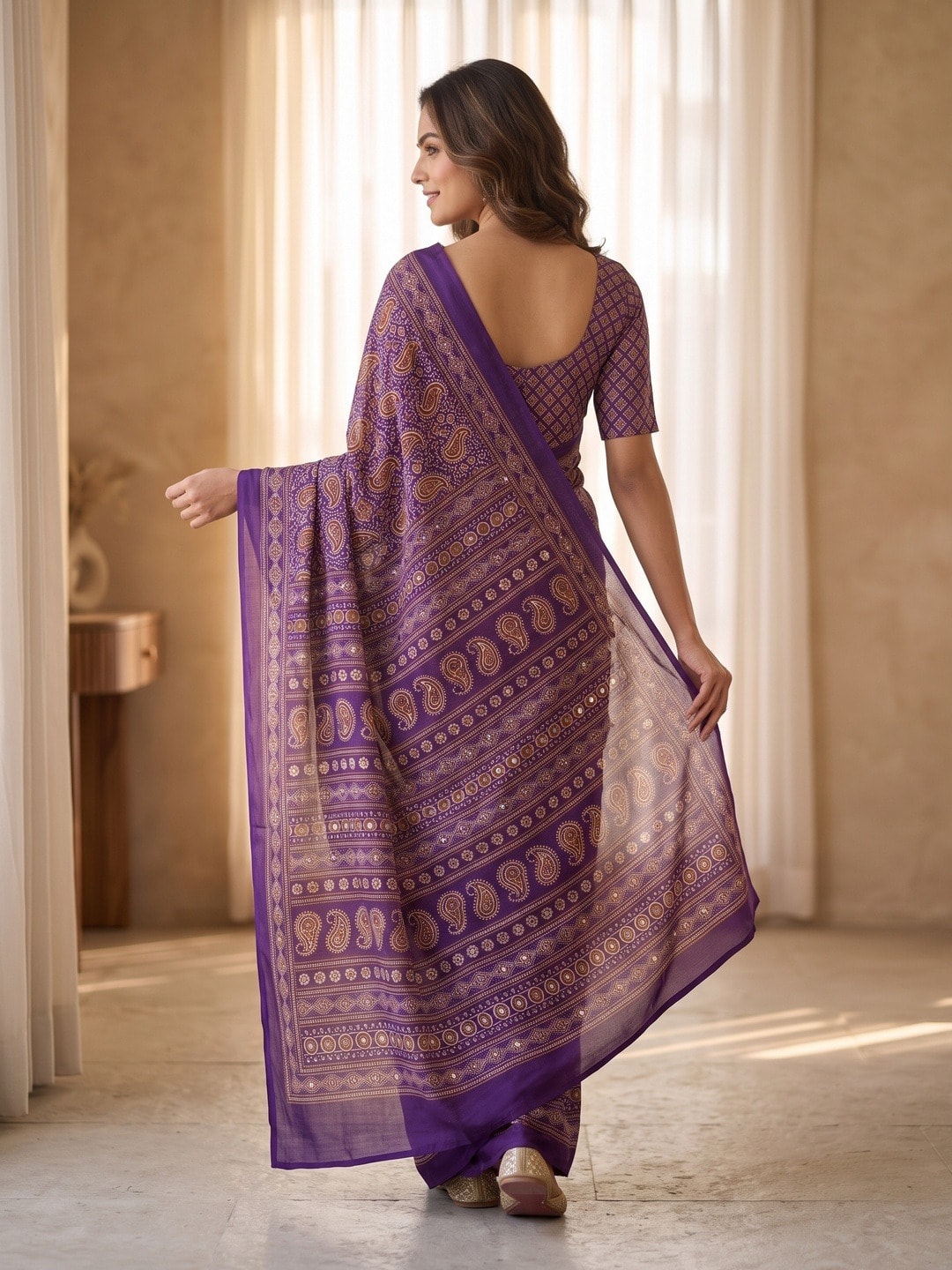 Peachmode Purple Ajrakh Digital Printed Crepe Saree With Mirror Work - Image 4