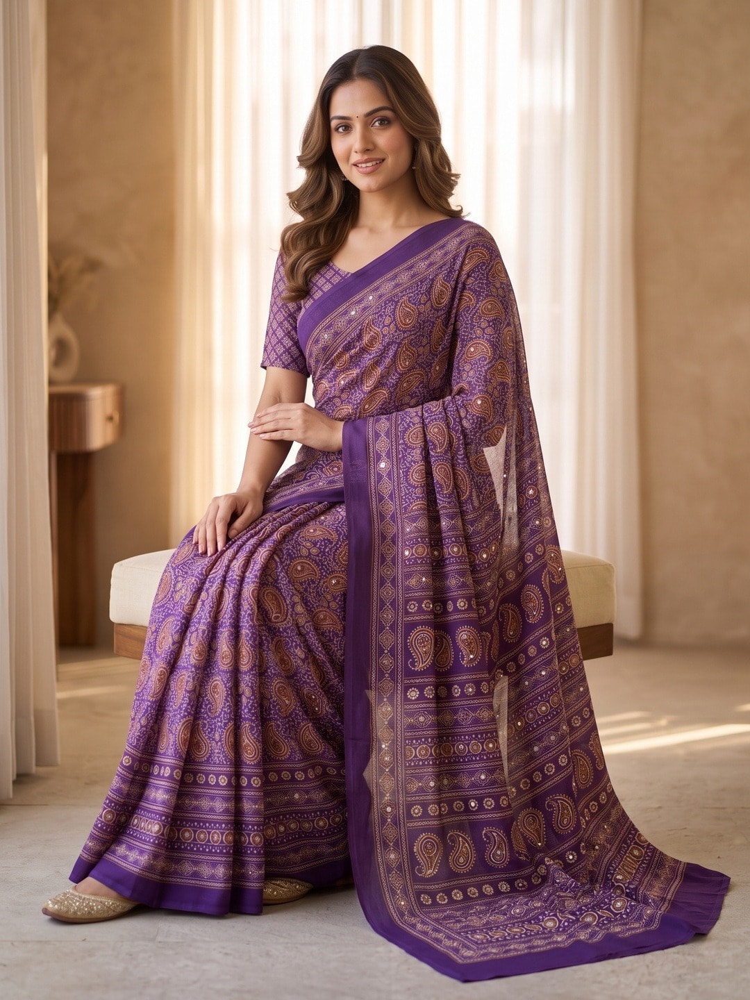 Peachmode Purple Ajrakh Digital Printed Crepe Saree With Mirror Work - Image 5