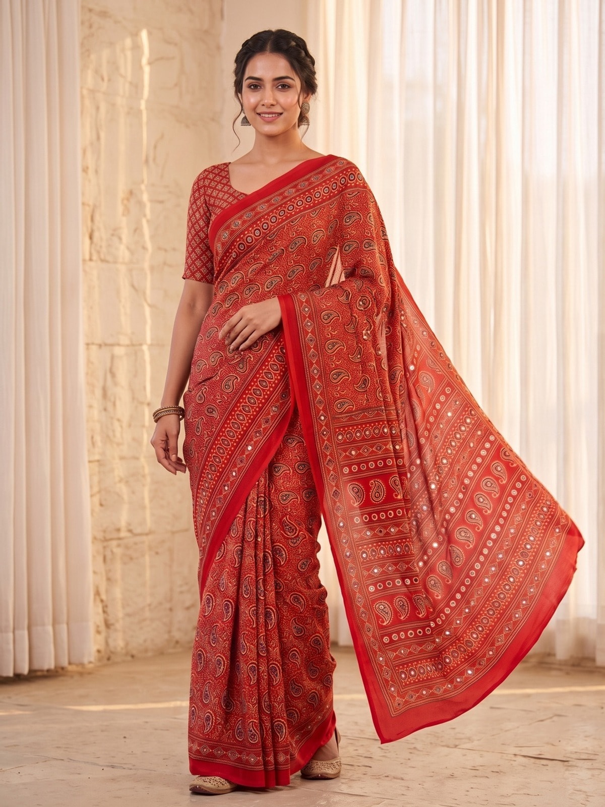 Peachmode Red Ajrakh Digital Printed Crepe Saree With Mirror Work - Image 1