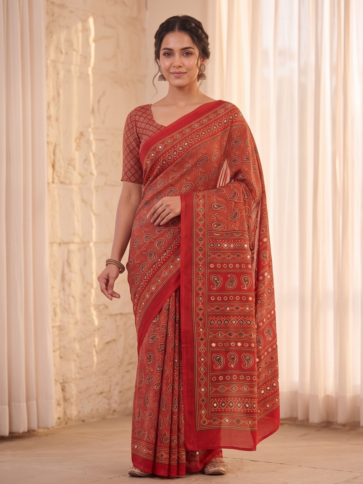 Peachmode Red Ajrakh Digital Printed Crepe Saree With Mirror Work - Image 3