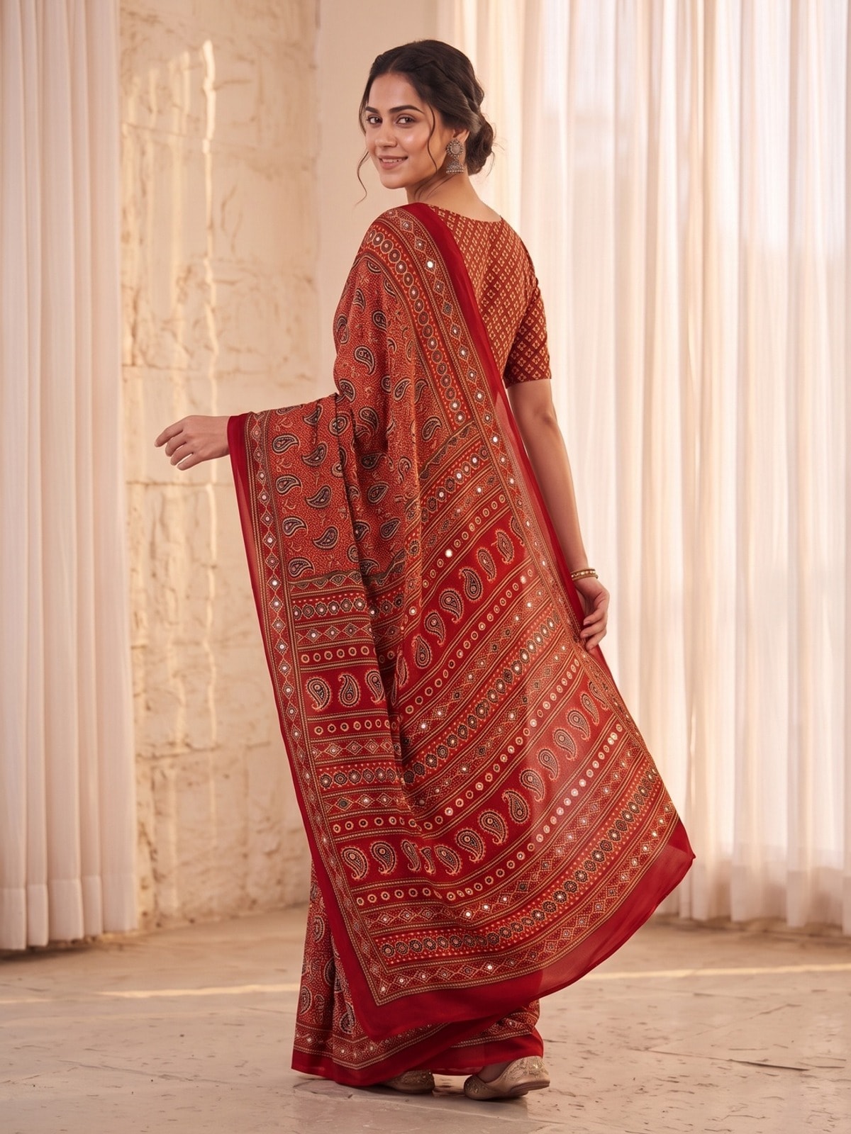 Peachmode Red Ajrakh Digital Printed Crepe Saree With Mirror Work - Image 4