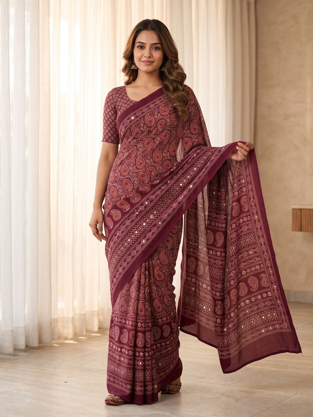 Peachmode Wine Ajrakh Digital Printed Crepe Saree With Mirror Work - Image 1