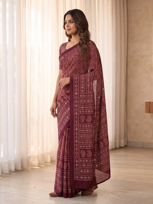 Peachmode Wine Ajrakh Digital Printed Crepe Saree With Mirror Work - Image 2