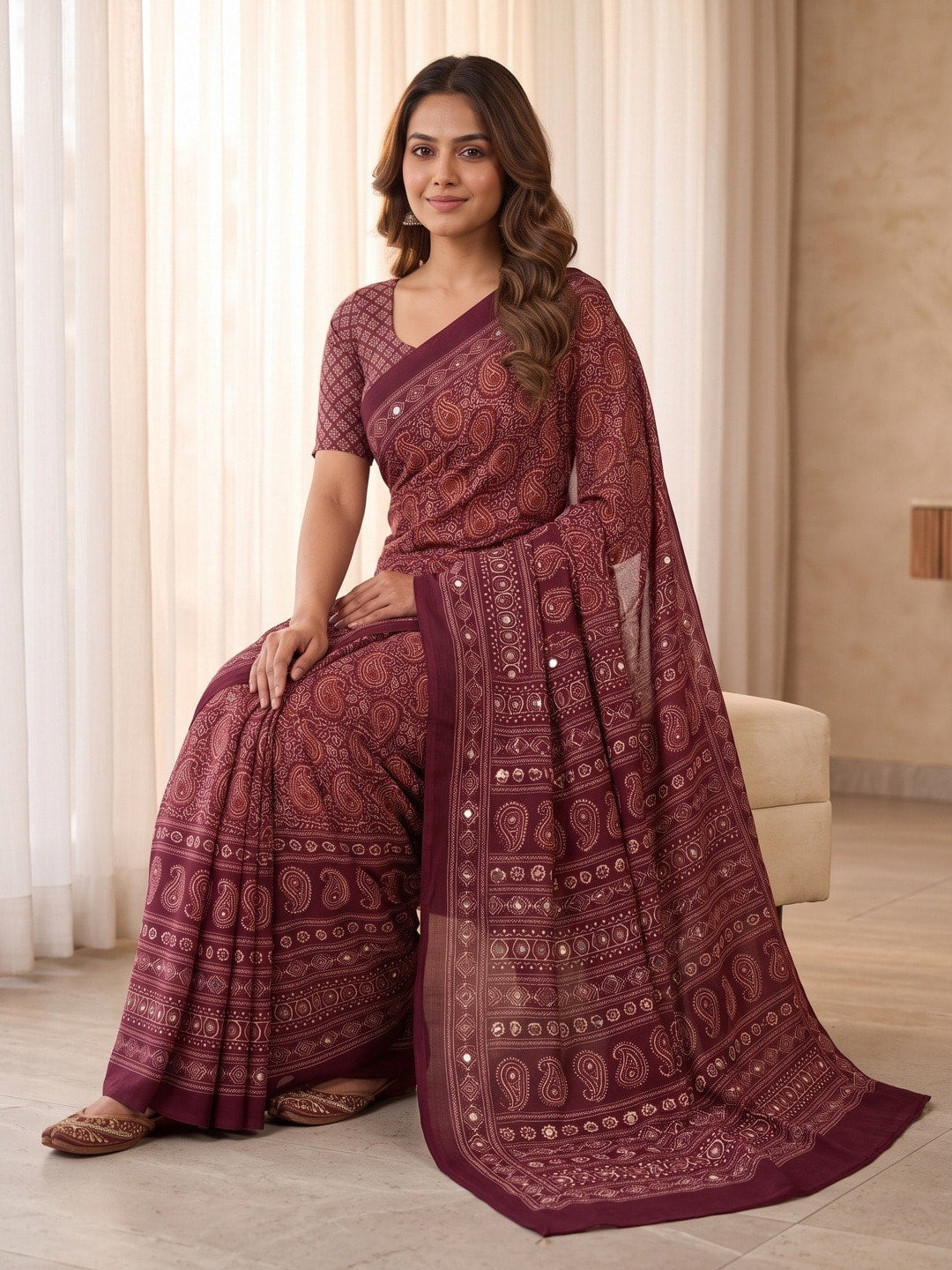 Peachmode Wine Ajrakh Digital Printed Crepe Saree With Mirror Work - Image 5