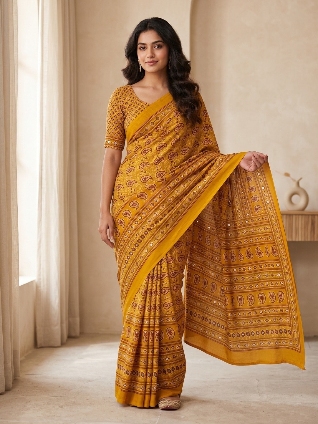 Peachmode Yellow Ajrakh Digital Printed Crepe Saree With Mirror Work - Image 1