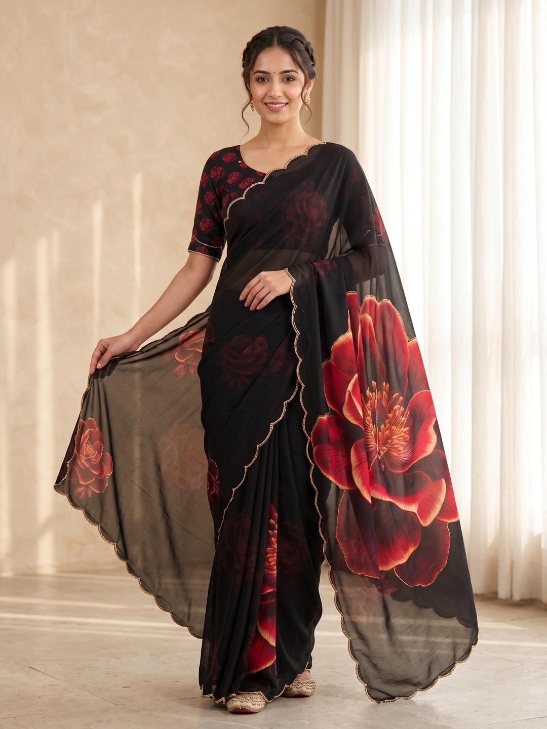 Peachmode Black Red Rose Weightless Georgette Digital Printed Saree With Cut Dana Work - Image 1