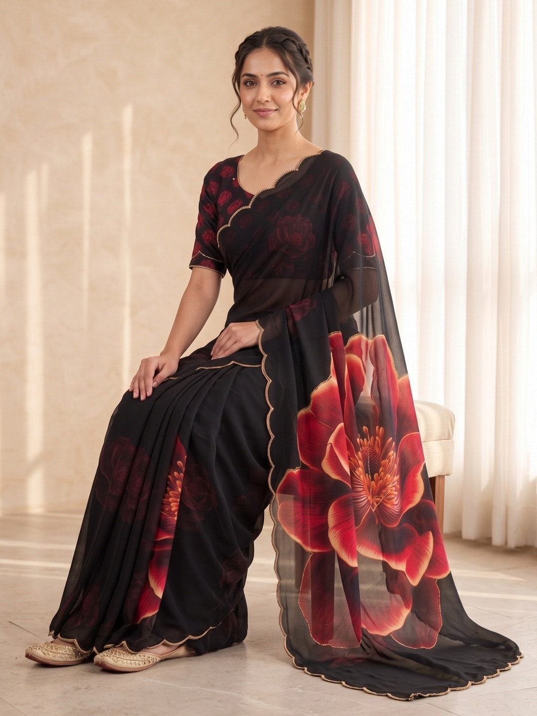 Peachmode Black Red Rose Weightless Georgette Digital Printed Saree With Cut Dana Work - Image 5