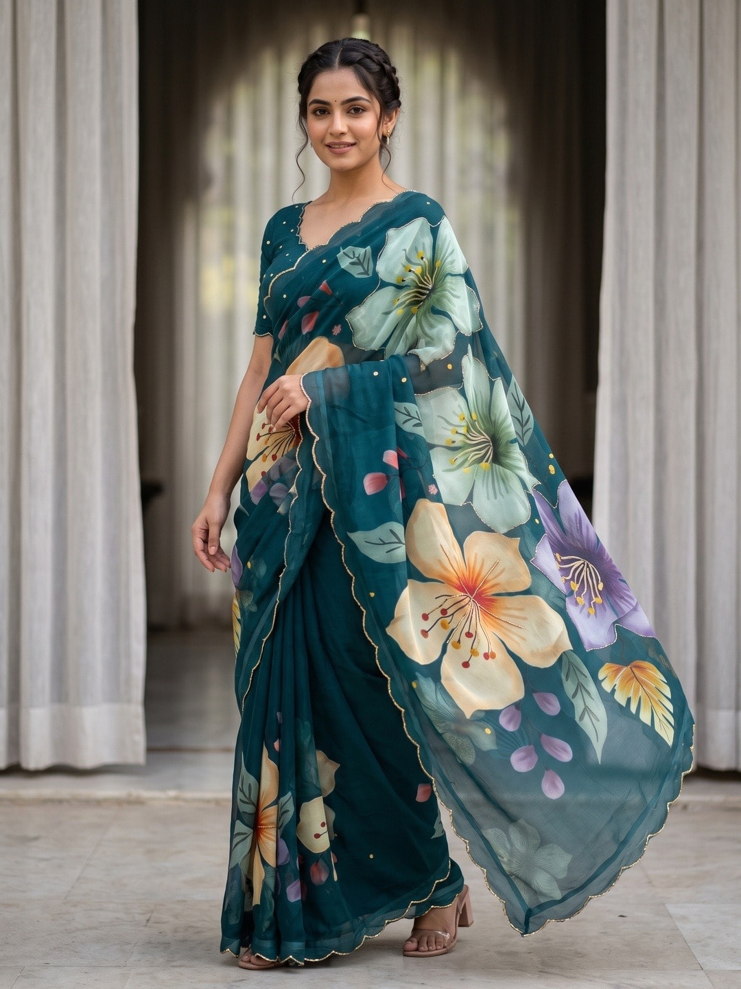 Peachmode Teal Lily Floral Weightless Georgette Digital Printed Saree With Cut Dana Work - Image 1