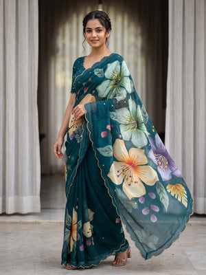 Peachmode Teal Lily Floral Weightless Georgette Digital Printed Saree With Cut Dana Work - Image 1