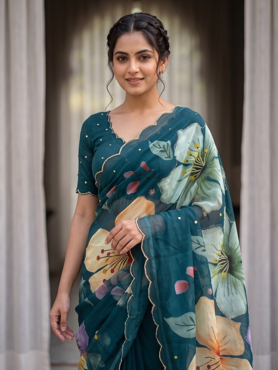 Peachmode Teal Lily Floral Weightless Georgette Digital Printed Saree With Cut Dana Work - Image 3