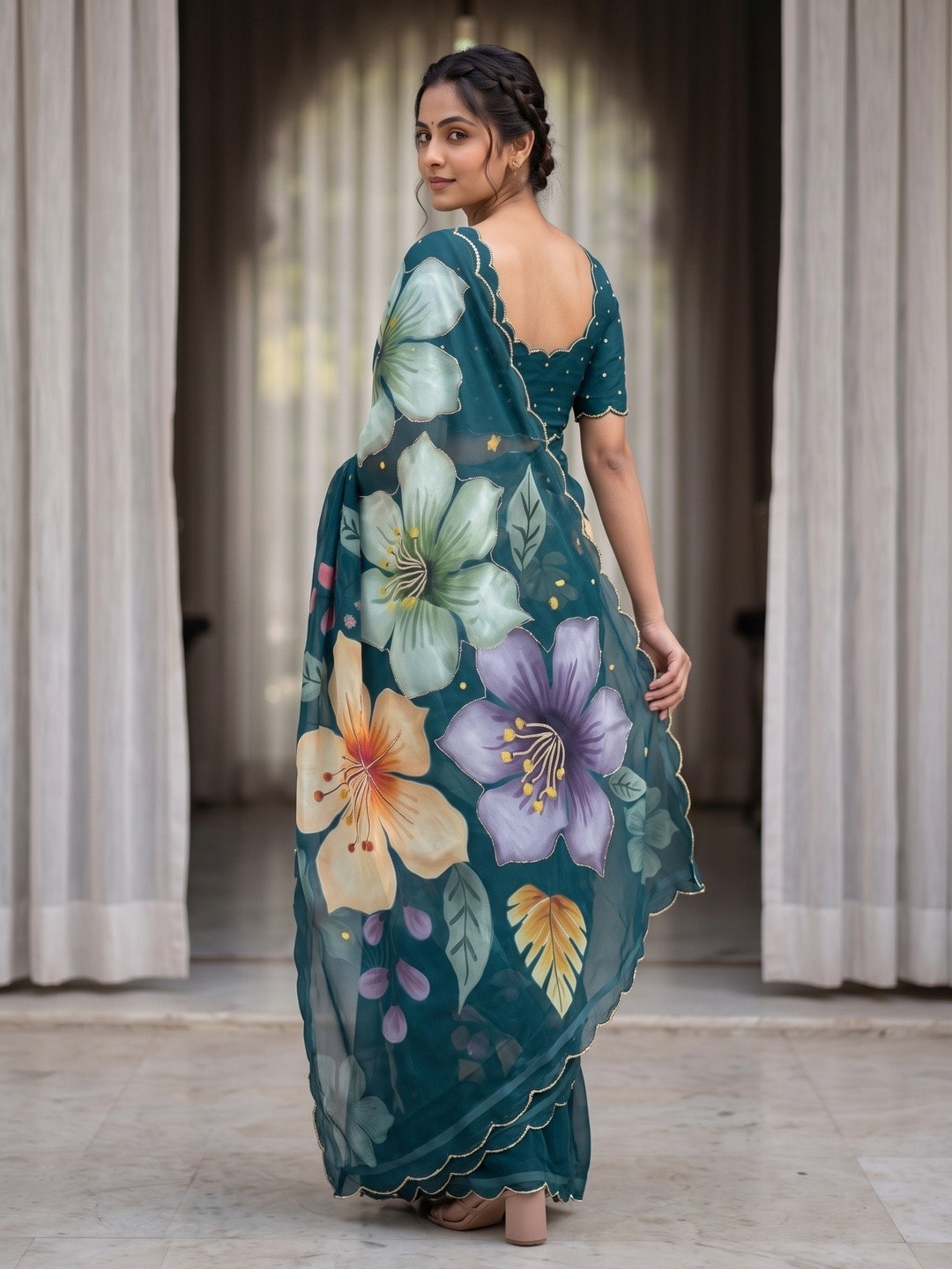 Peachmode Teal Lily Floral Weightless Georgette Digital Printed Saree With Cut Dana Work - Image 4