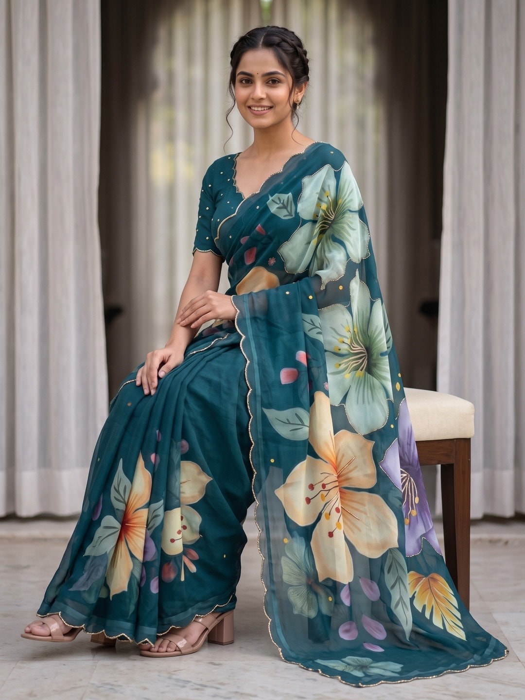 Peachmode Teal Lily Floral Weightless Georgette Digital Printed Saree With Cut Dana Work - Image 5