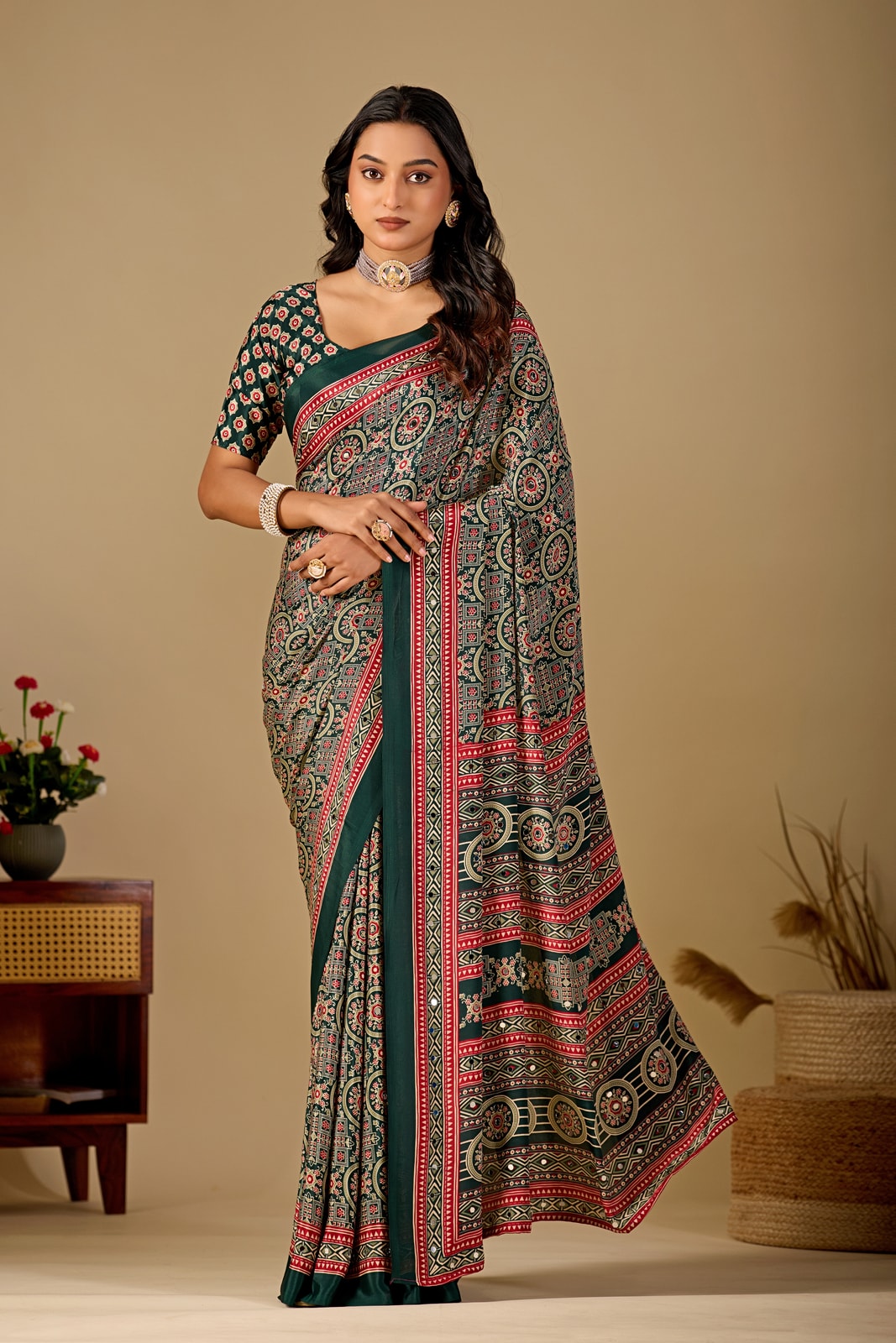 Peachmode Bottle Green Ajrakh Digital Printed Crepe Saree With Mirror Work - Image 1