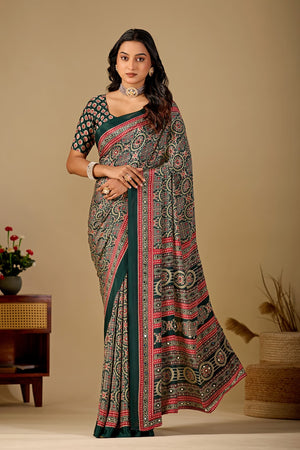 Peachmode Bottle Green Ajrakh Digital Printed Crepe Saree With Mirror Work - Image 1