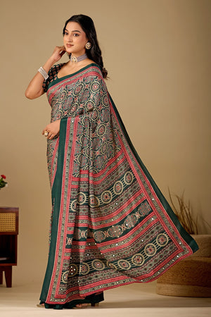 Peachmode Bottle Green Ajrakh Digital Printed Crepe Saree With Mirror Work - Image 2