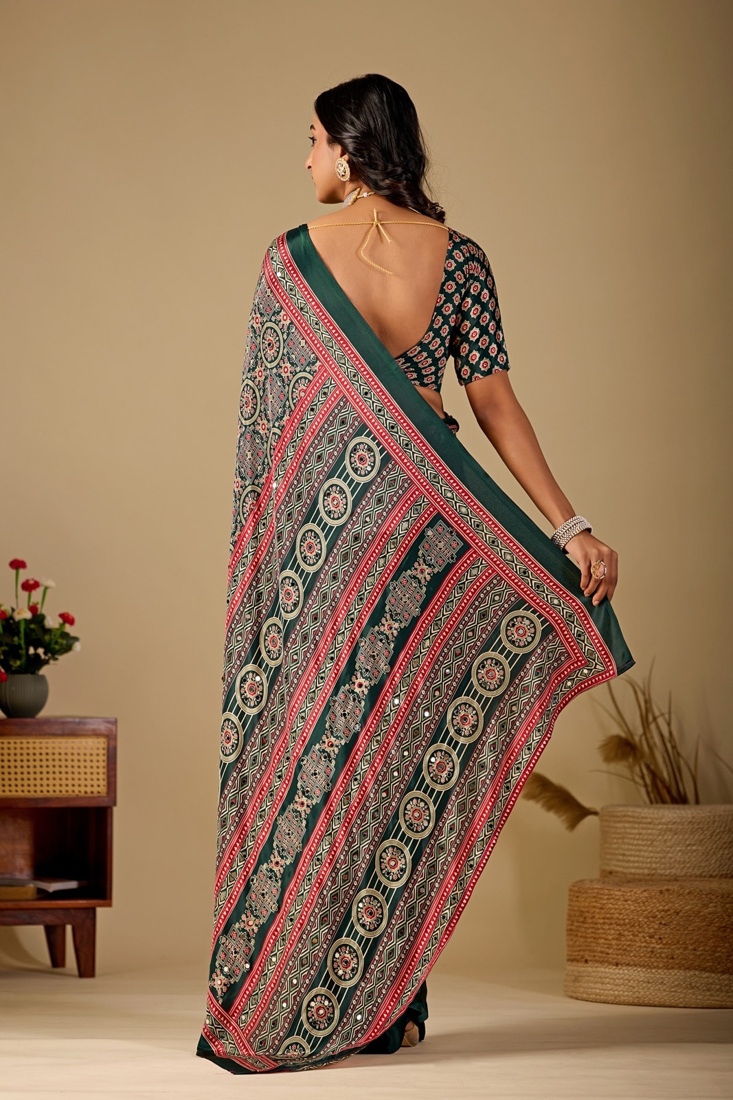 Peachmode Bottle Green Ajrakh Digital Printed Crepe Saree With Mirror Work - Image 3