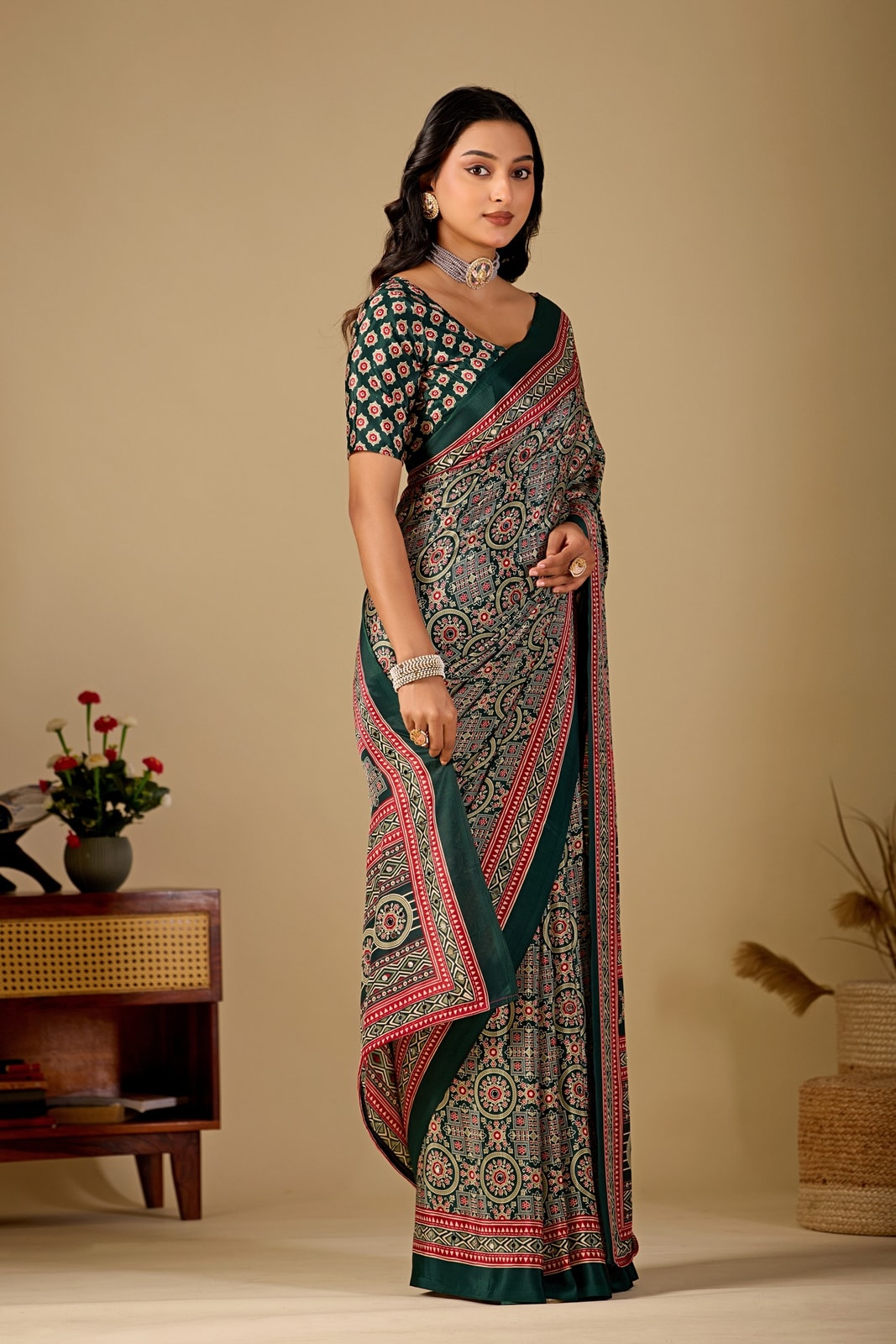Peachmode Bottle Green Ajrakh Digital Printed Crepe Saree With Mirror Work - Image 4