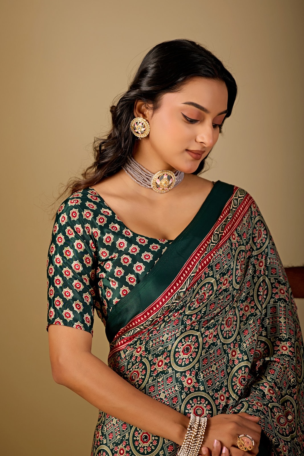 Peachmode Bottle Green Ajrakh Digital Printed Crepe Saree With Mirror Work - Image 5