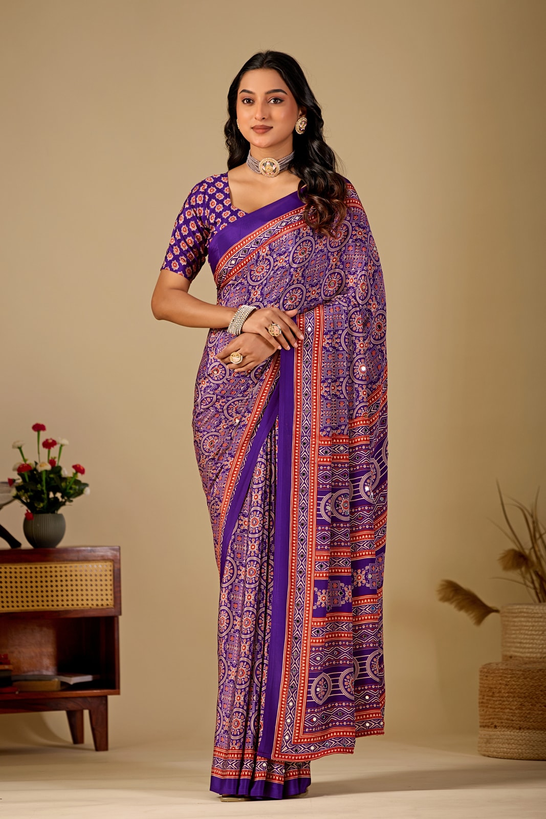 Peachmode Purple Ajrakh Digital Printed Crepe Saree With Mirror Work - Image 1