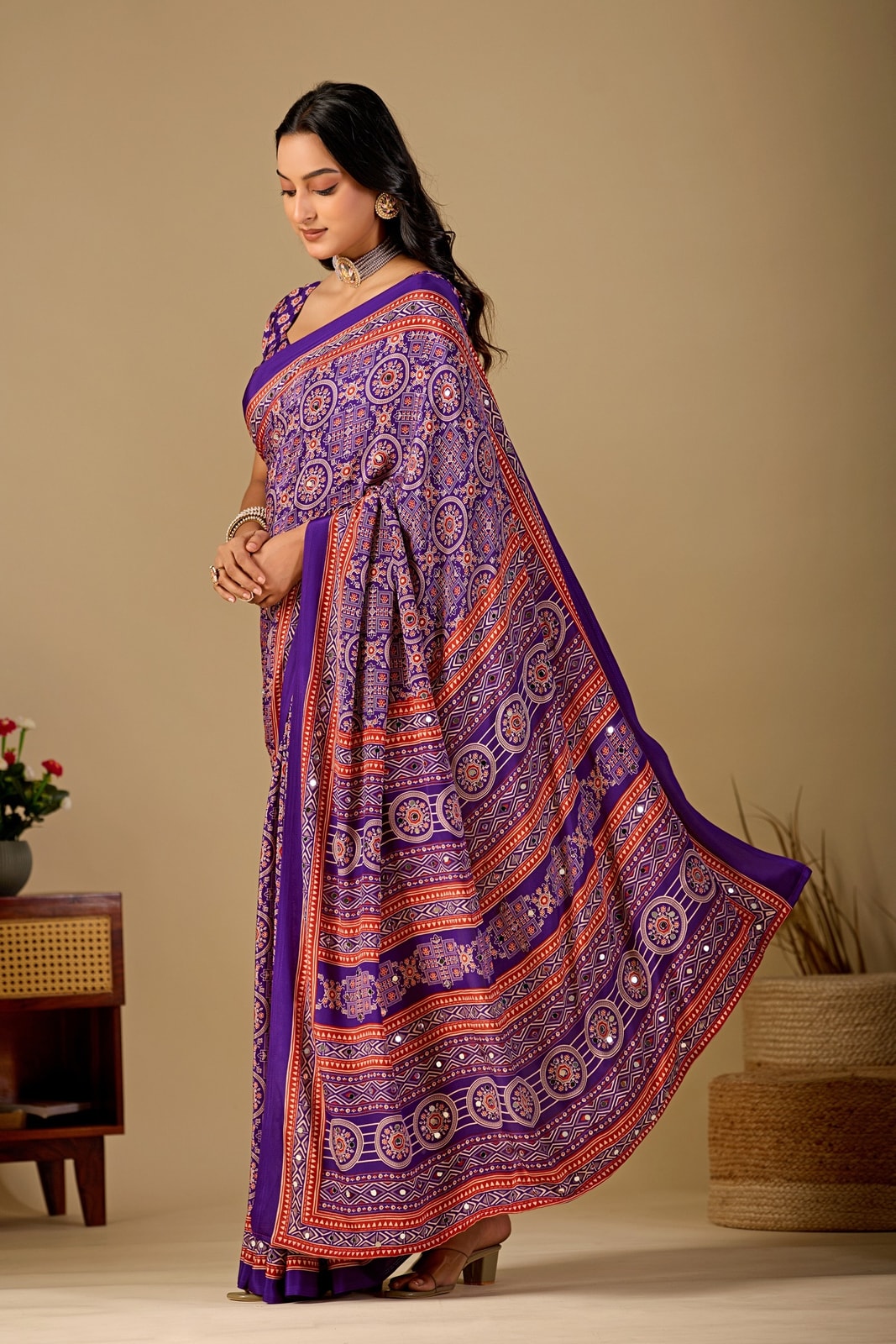 Peachmode Purple Ajrakh Digital Printed Crepe Saree With Mirror Work - Image 2