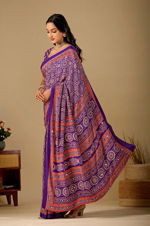 Peachmode Purple Ajrakh Digital Printed Crepe Saree With Mirror Work - Image 2