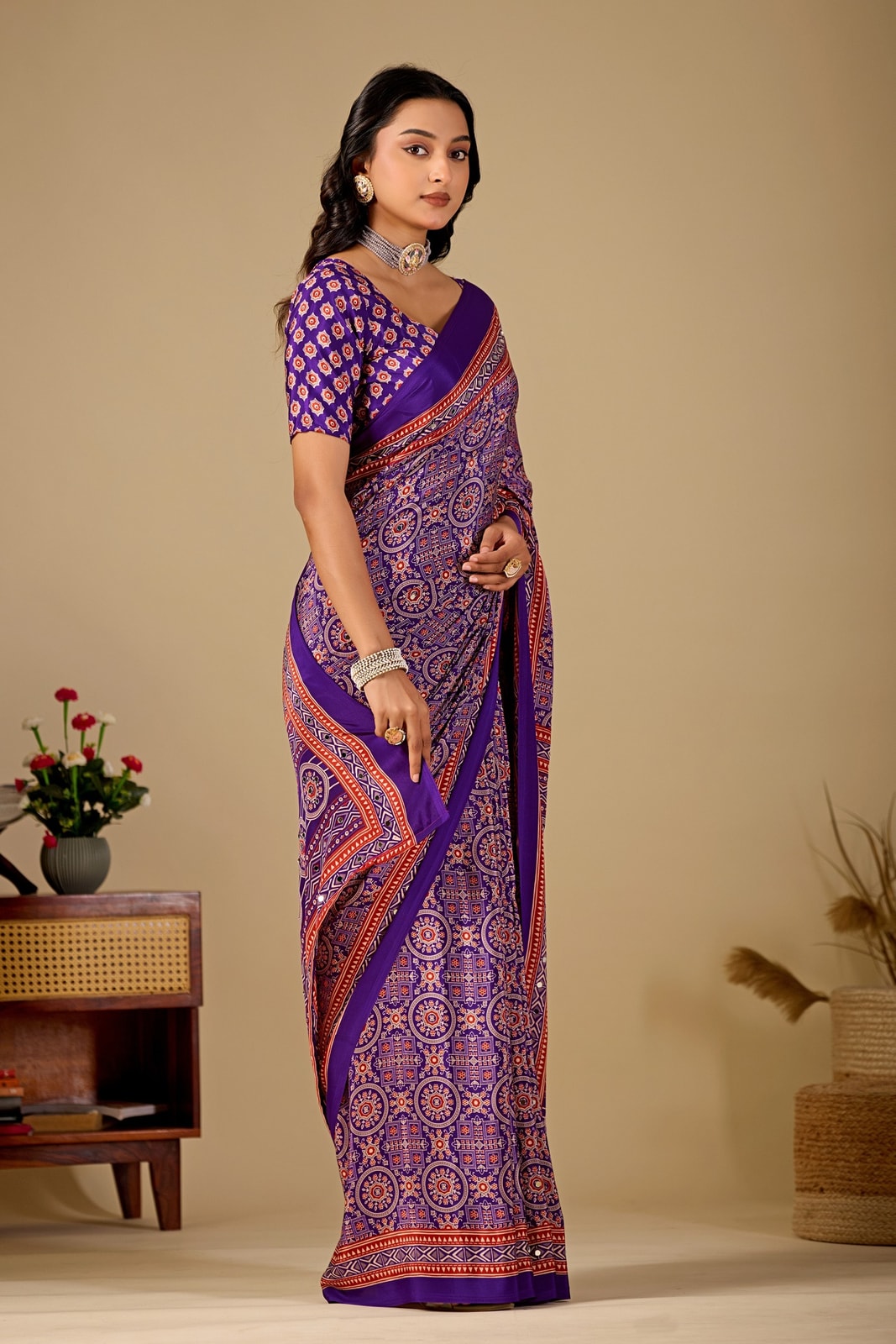 Peachmode Purple Ajrakh Digital Printed Crepe Saree With Mirror Work - Image 4