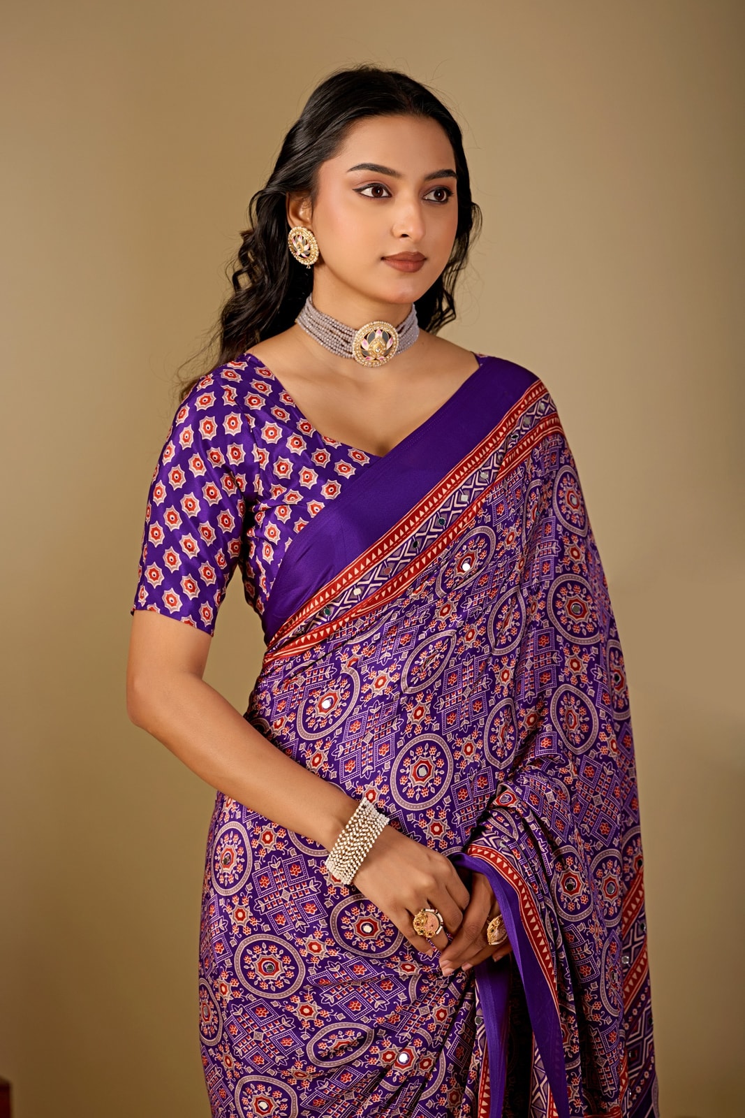 Peachmode Purple Ajrakh Digital Printed Crepe Saree With Mirror Work - Image 5