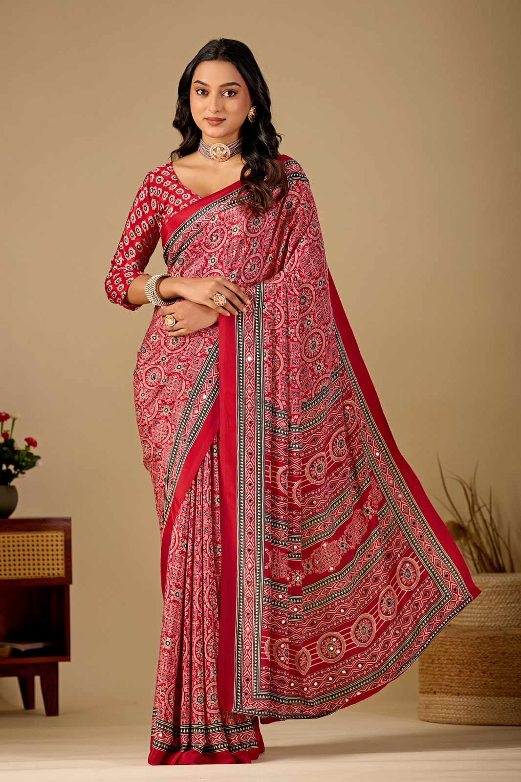 Peachmode Rani Pink Ajrakh Digital Printed Crepe Saree With Mirror Work - Image 1