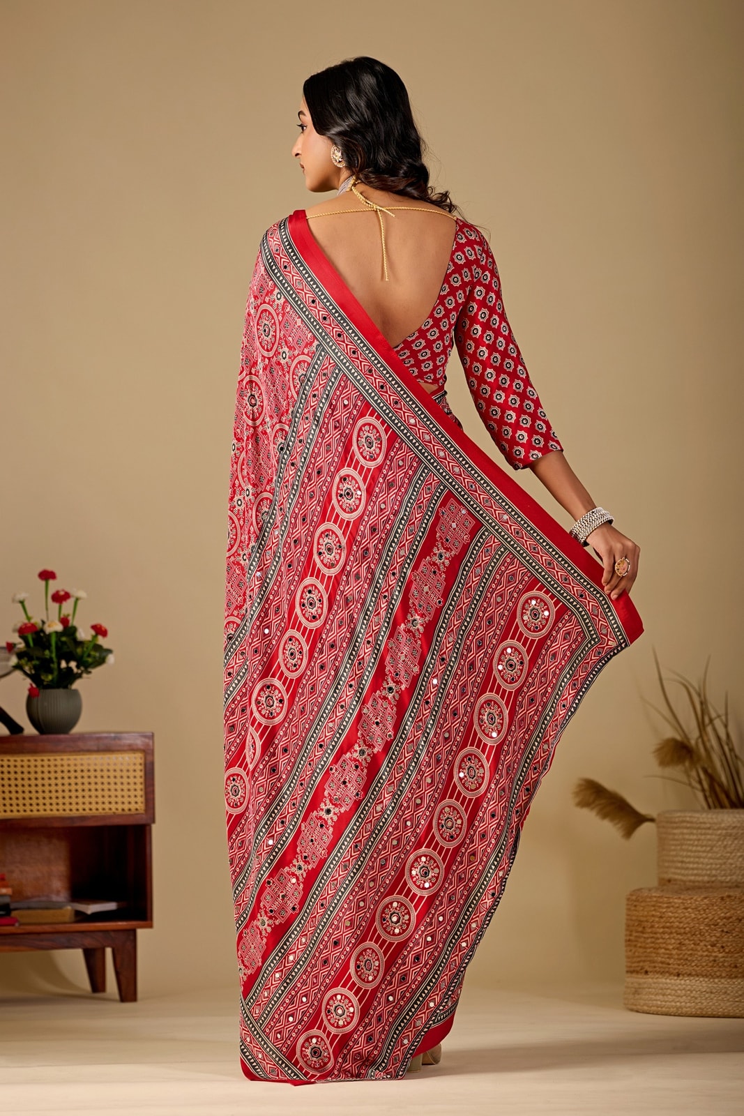 Peachmode Rani Pink Ajrakh Digital Printed Crepe Saree With Mirror Work - Image 3