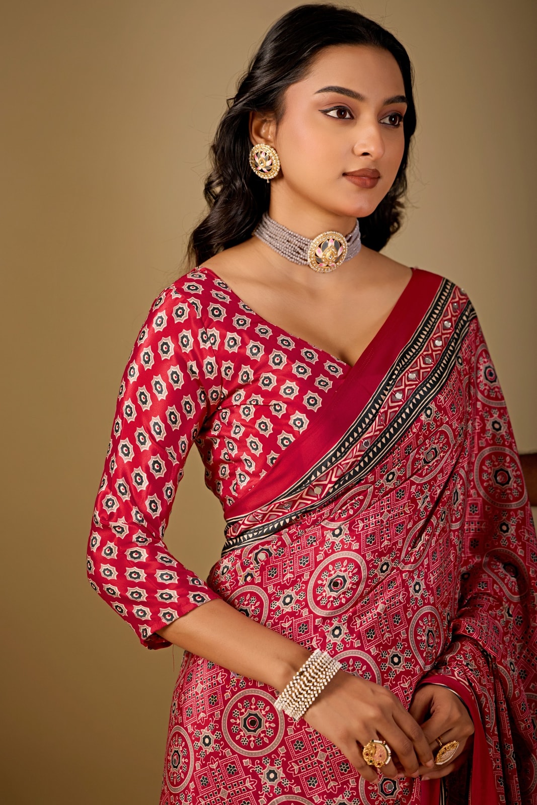 Peachmode Rani Pink Ajrakh Digital Printed Crepe Saree With Mirror Work - Image 5