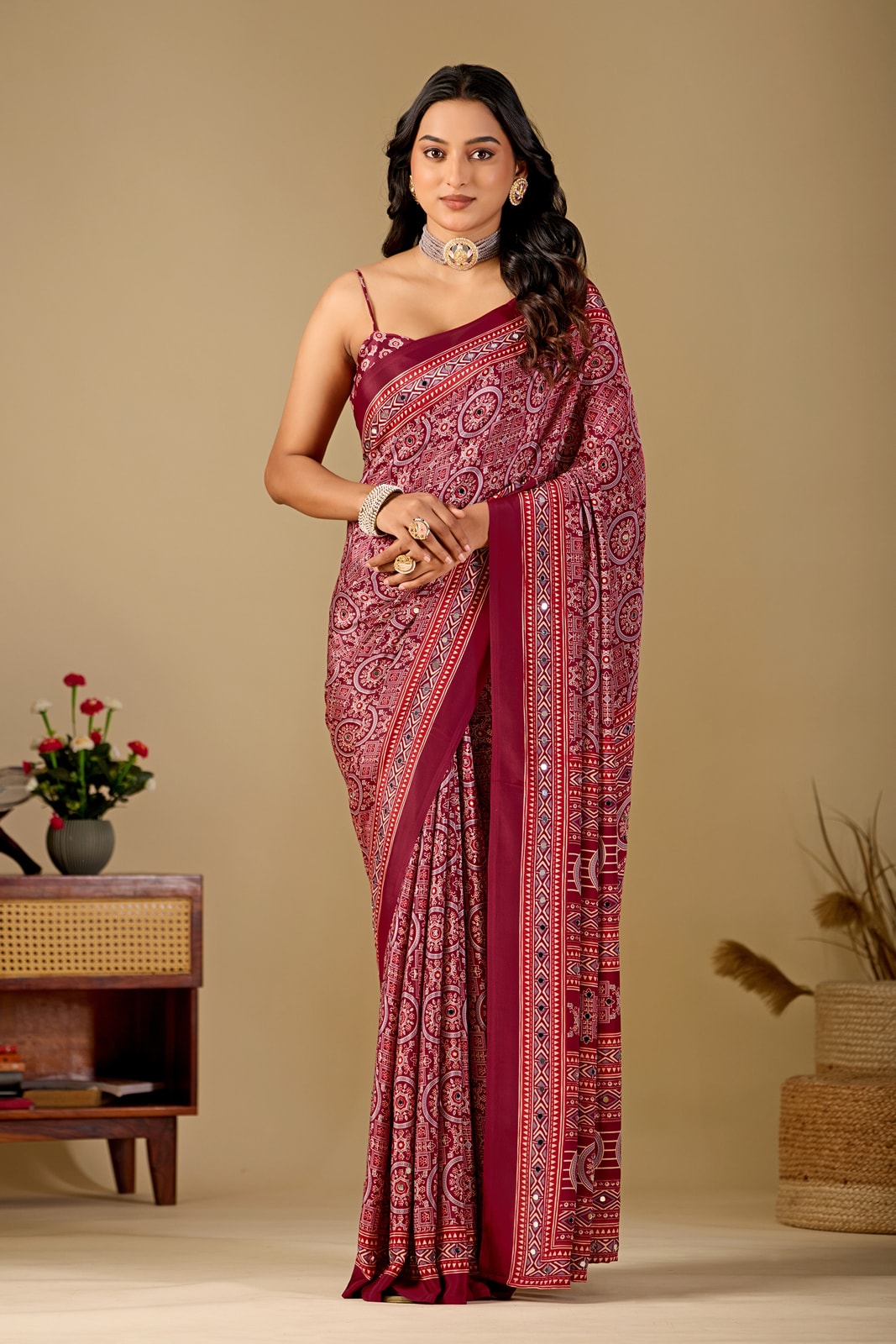 Peachmode Wine Ajrakh Digital Printed Crepe Saree With Mirror Work - Image 1