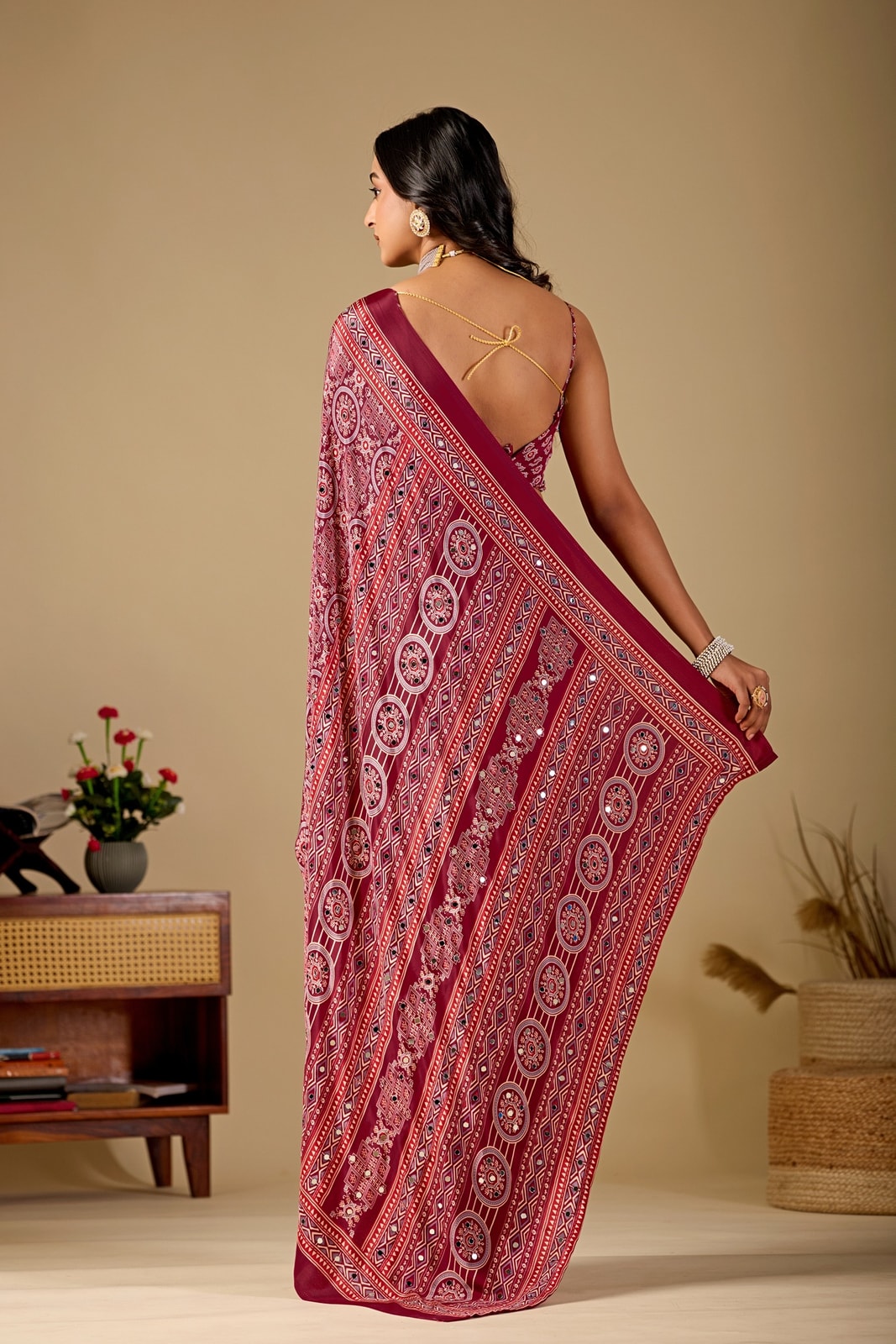 Peachmode Wine Ajrakh Digital Printed Crepe Saree With Mirror Work - Image 3