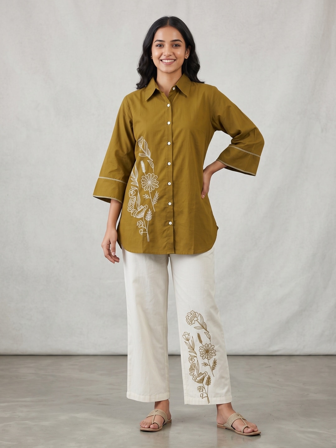 Peachmode Olive Pure Cotton Floral Embroidered Shirt Co-ord Set - Image 1