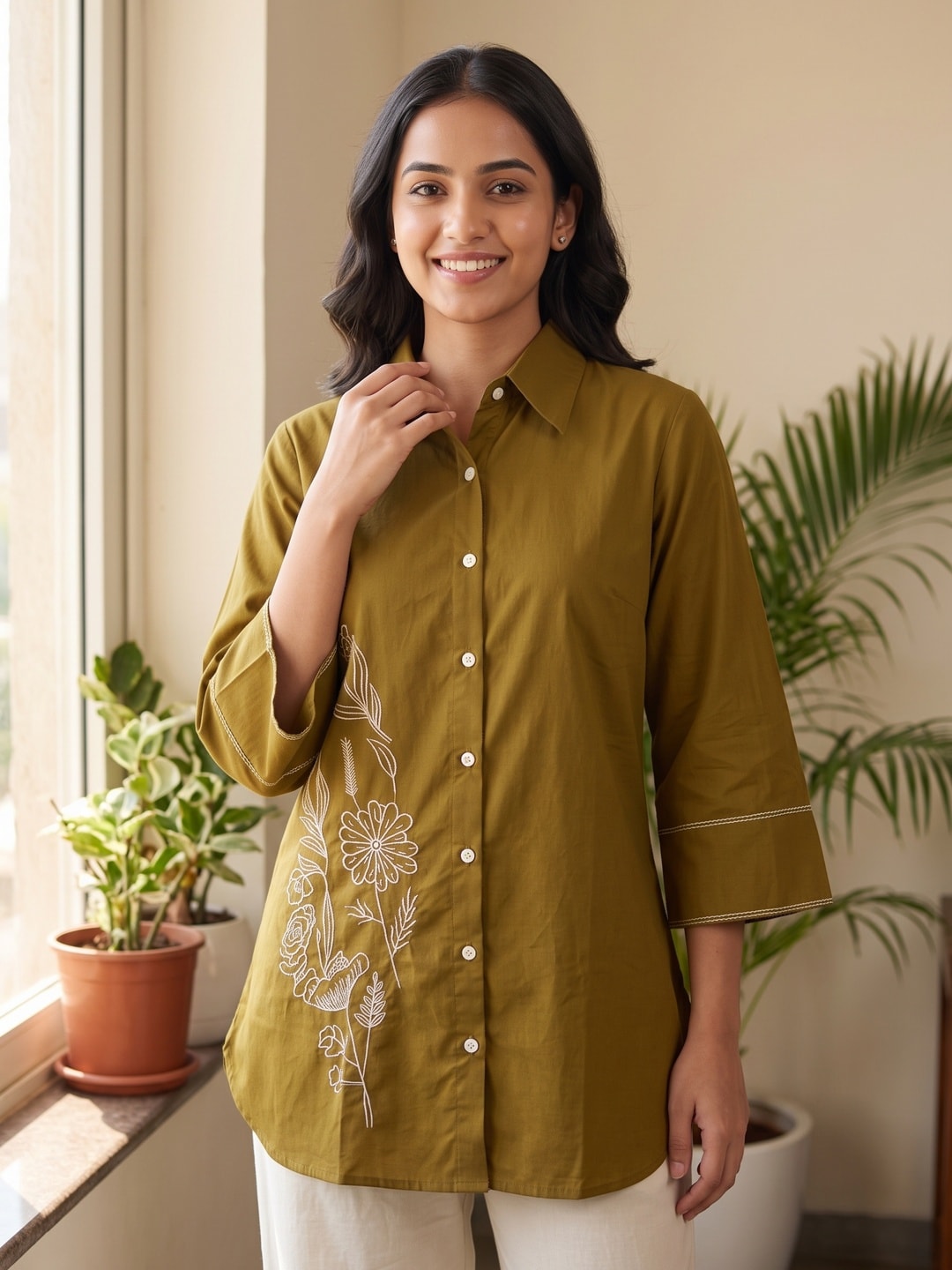 Peachmode Olive Pure Cotton Floral Embroidered Shirt Co-ord Set - Image 5