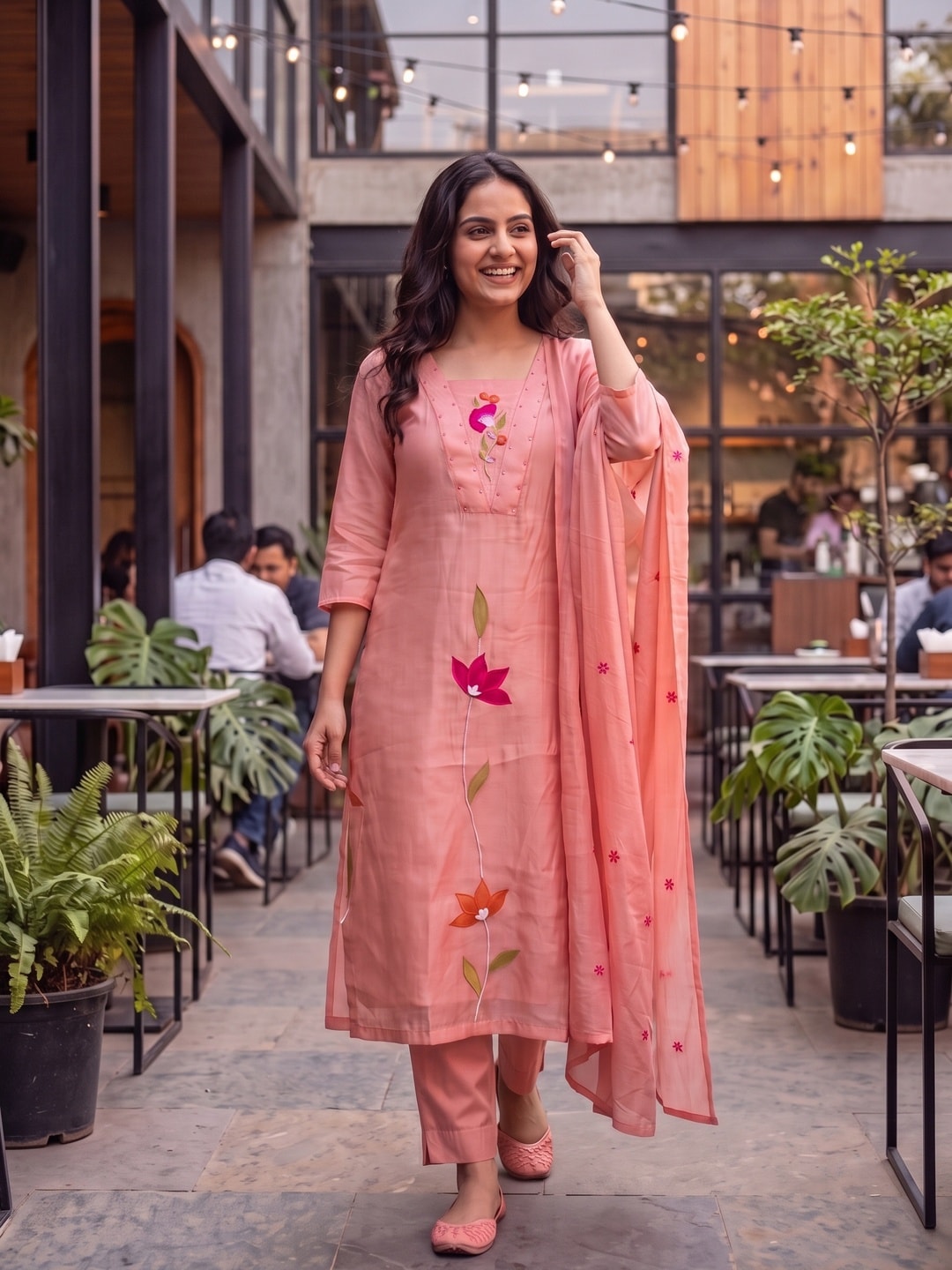 Peachmode Peach Mul Chanderi Applique Embroidered Salwar Suit - Image 1