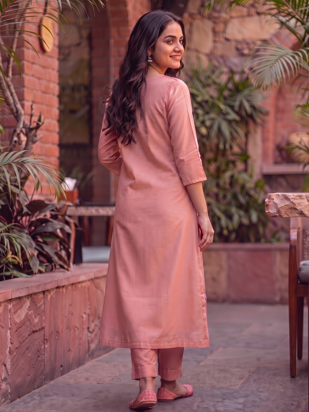 Peachmode Peach Mul Chanderi Applique Embroidered Salwar Suit - Image 3