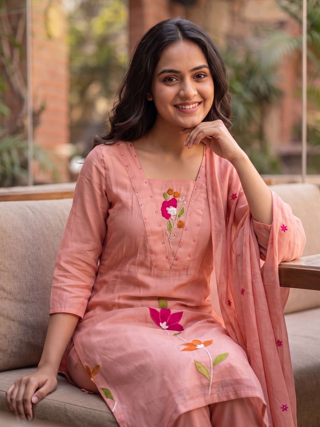 Peachmode Peach Mul Chanderi Applique Embroidered Salwar Suit - Image 4