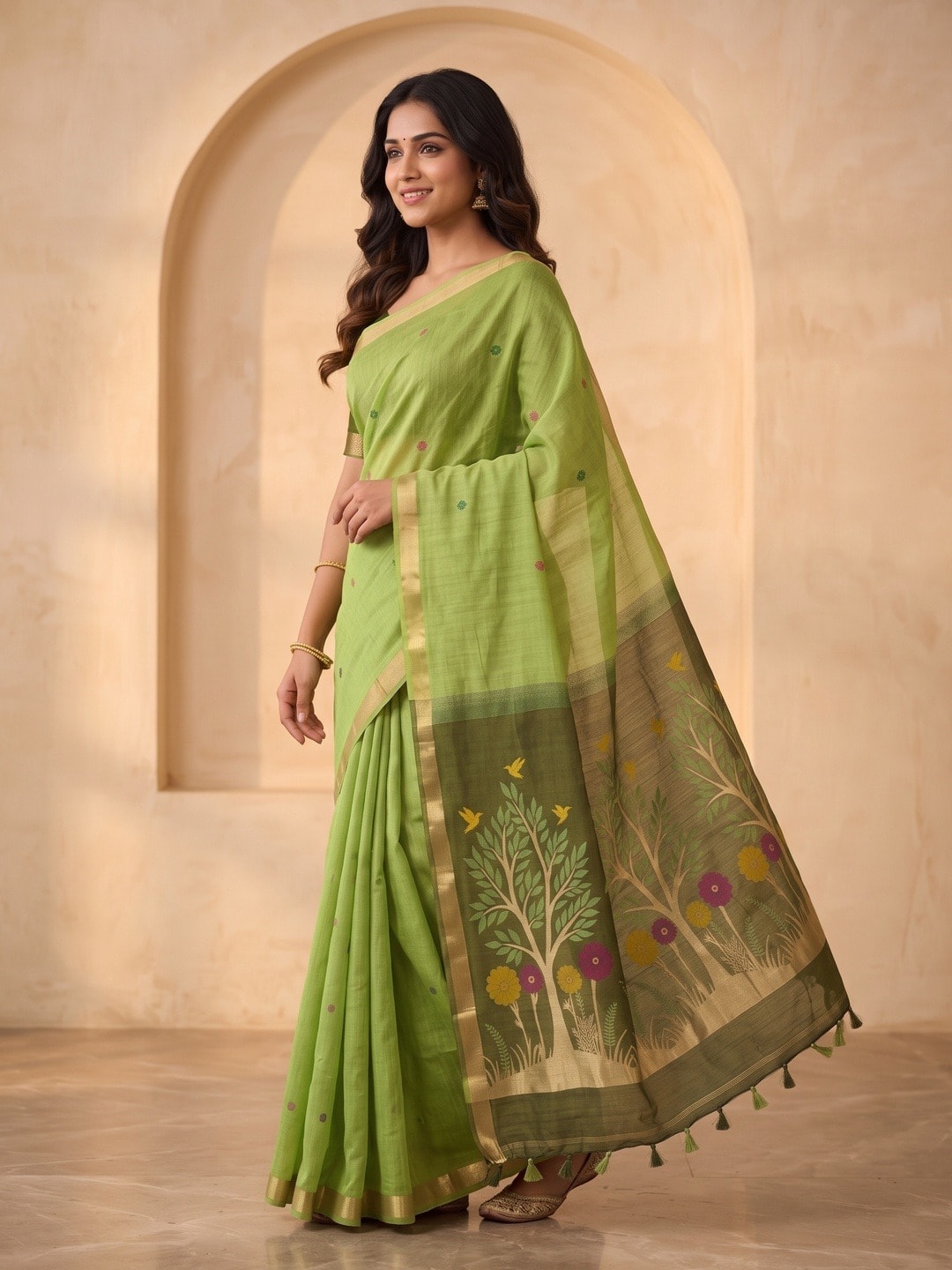 Peachmode Green Jamdani Weave Handloom Cotton Saree With Tree Of Life Pallu - Image 2
