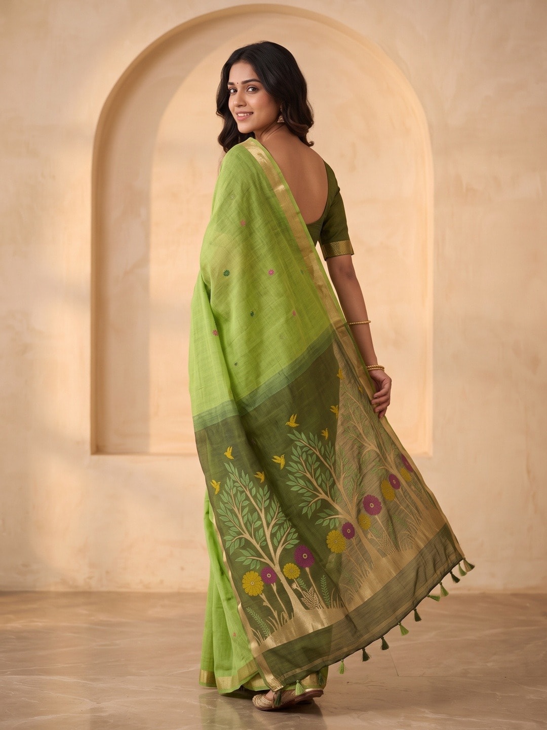Peachmode Green Jamdani Weave Handloom Cotton Saree With Tree Of Life Pallu - Image 4