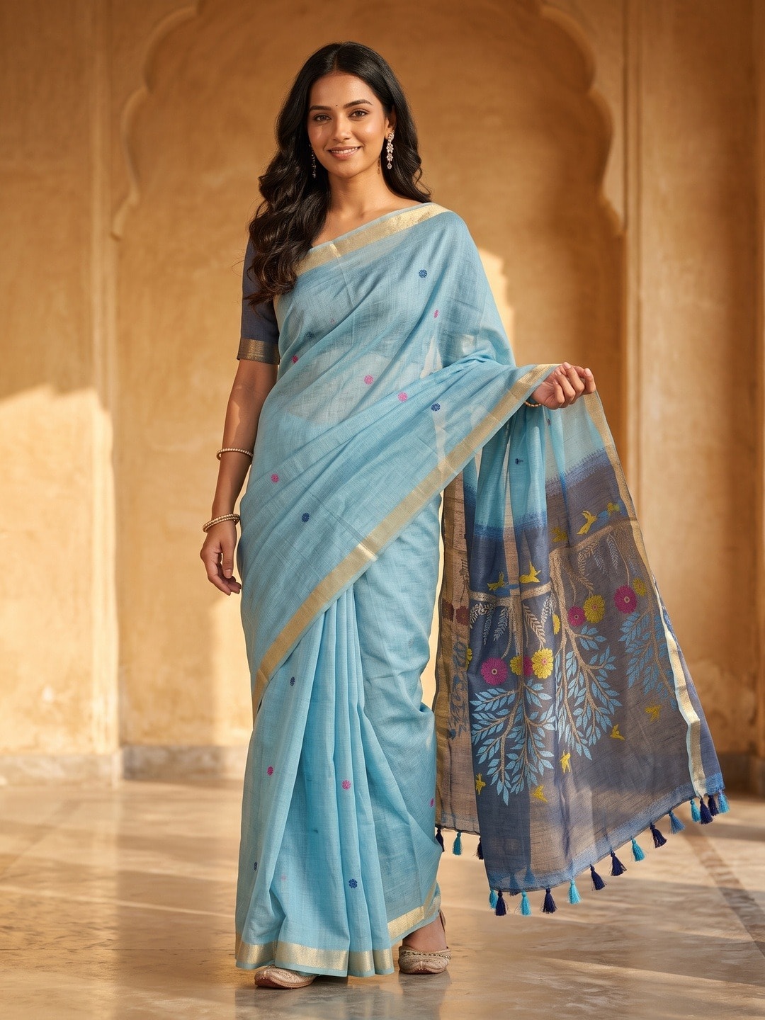 Peachmode Sky Blue Jamdani Weave Handloom Cotton Saree With Tree Of Life Pallu - Image 1