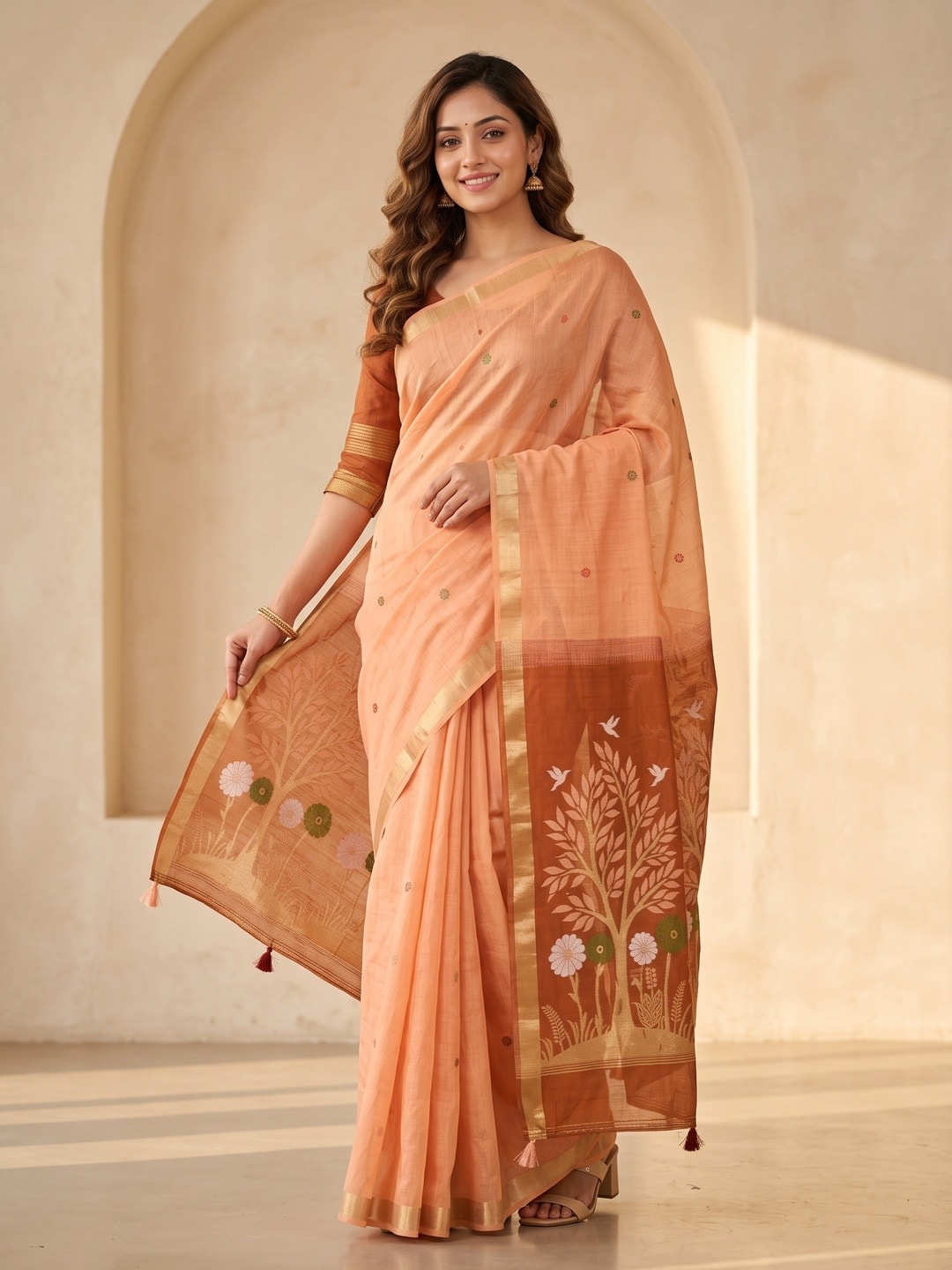 Peachmode Peach Jamdani Weave Handloom Cotton Saree With Tree Of Life Pallu - Image 1