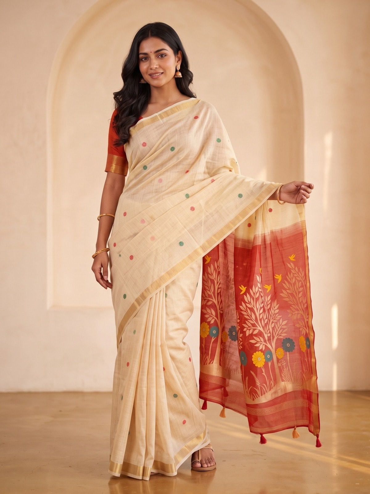 Peachmode Cream Jamdani Weave Handloom Cotton Saree With Tree Of Life Pallu - Image 1