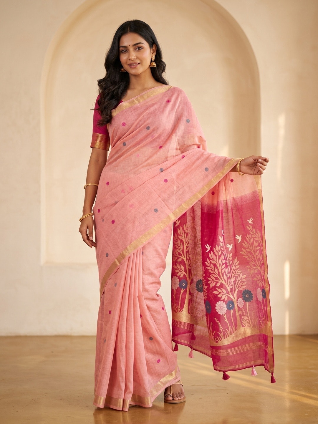 Peachmode Pink Jamdani Weave Handloom Cotton Saree With Tree Of Life Pallu - Image 1