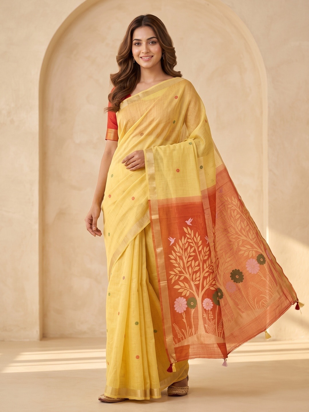 Peachmode Yellow Jamdani Weave Handloom Cotton Saree With Tree Of Life Pallu - Image 1