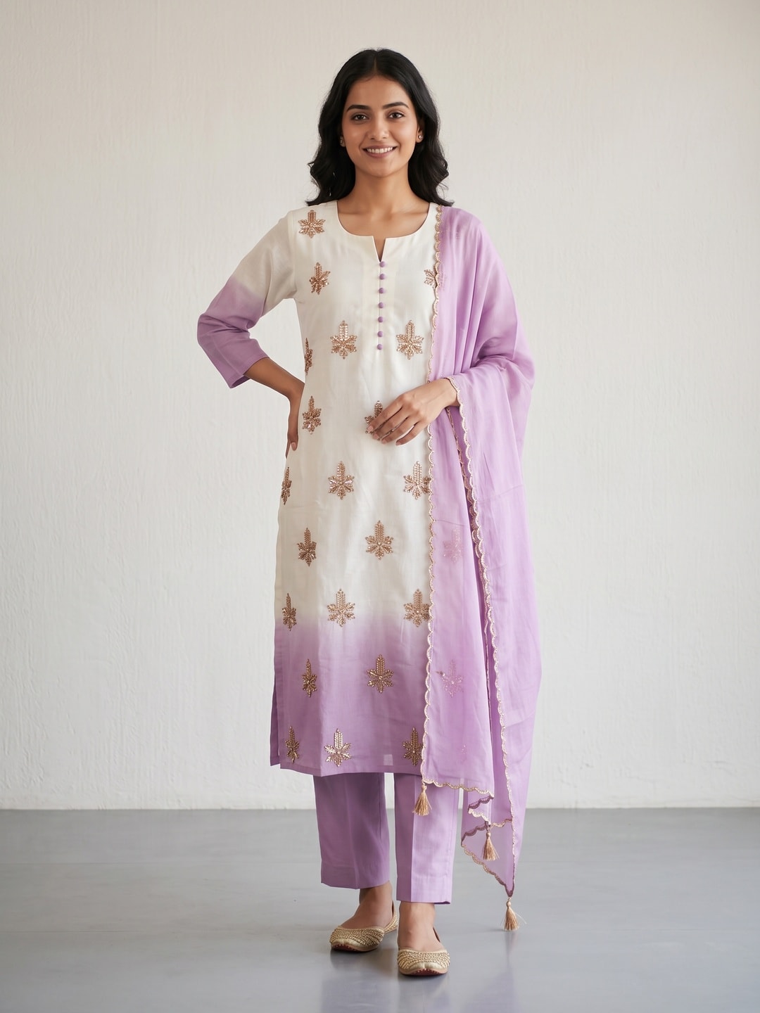 Peachmode Lavender Mul Chanderi Beads Work Embroidered Salwar Suit - Image 1